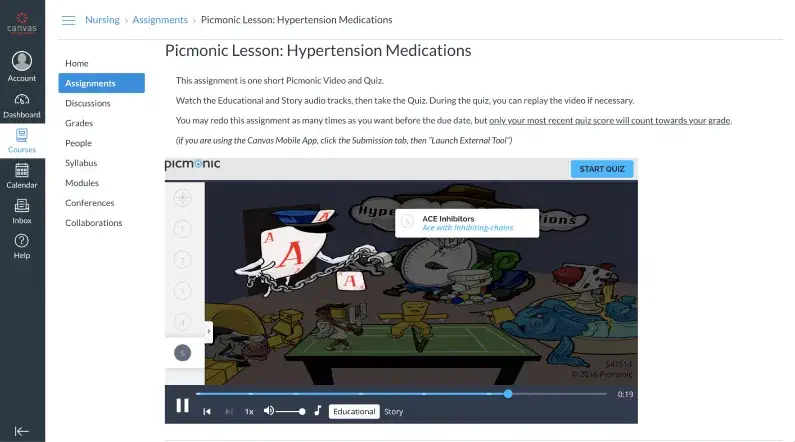 picmonic lesson screenshot on hypertensions medications