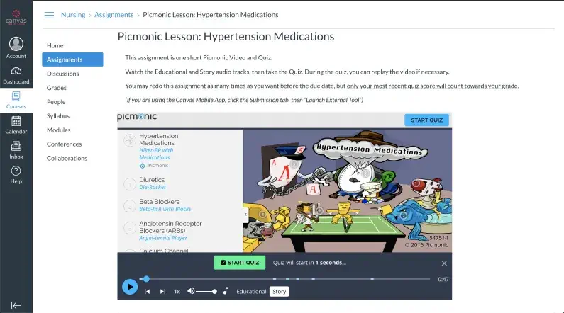picmonic lesson screenshot on hypertensions medications