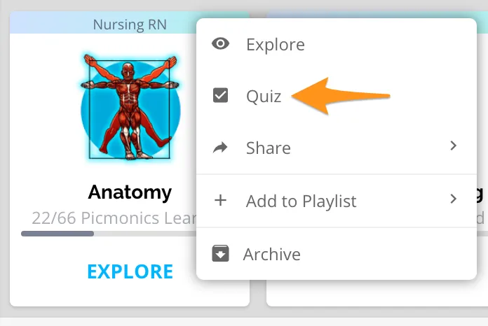 screenshot of where to find quiz in picmonic