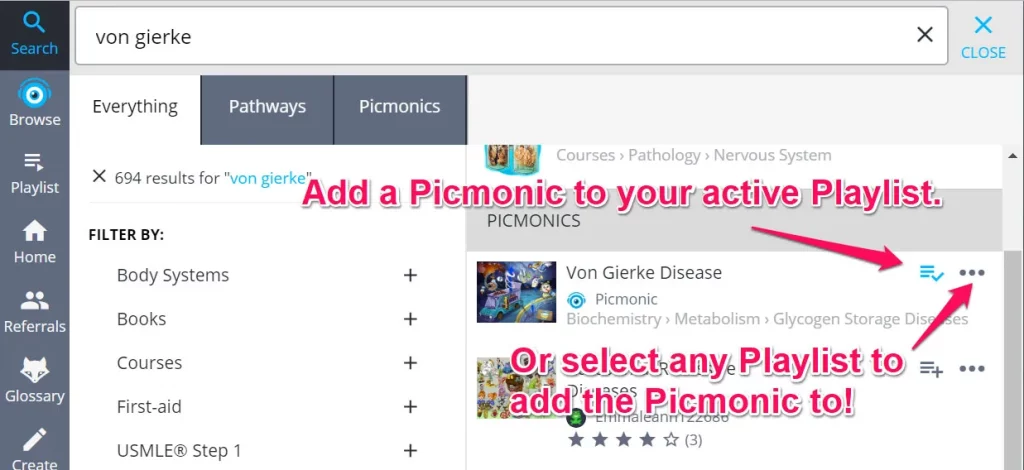 screenshot showing how to add a picmonic to an active playlist