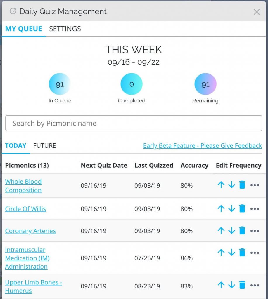 Picmonic Daily Quiz with Spaced Repetition Queue 